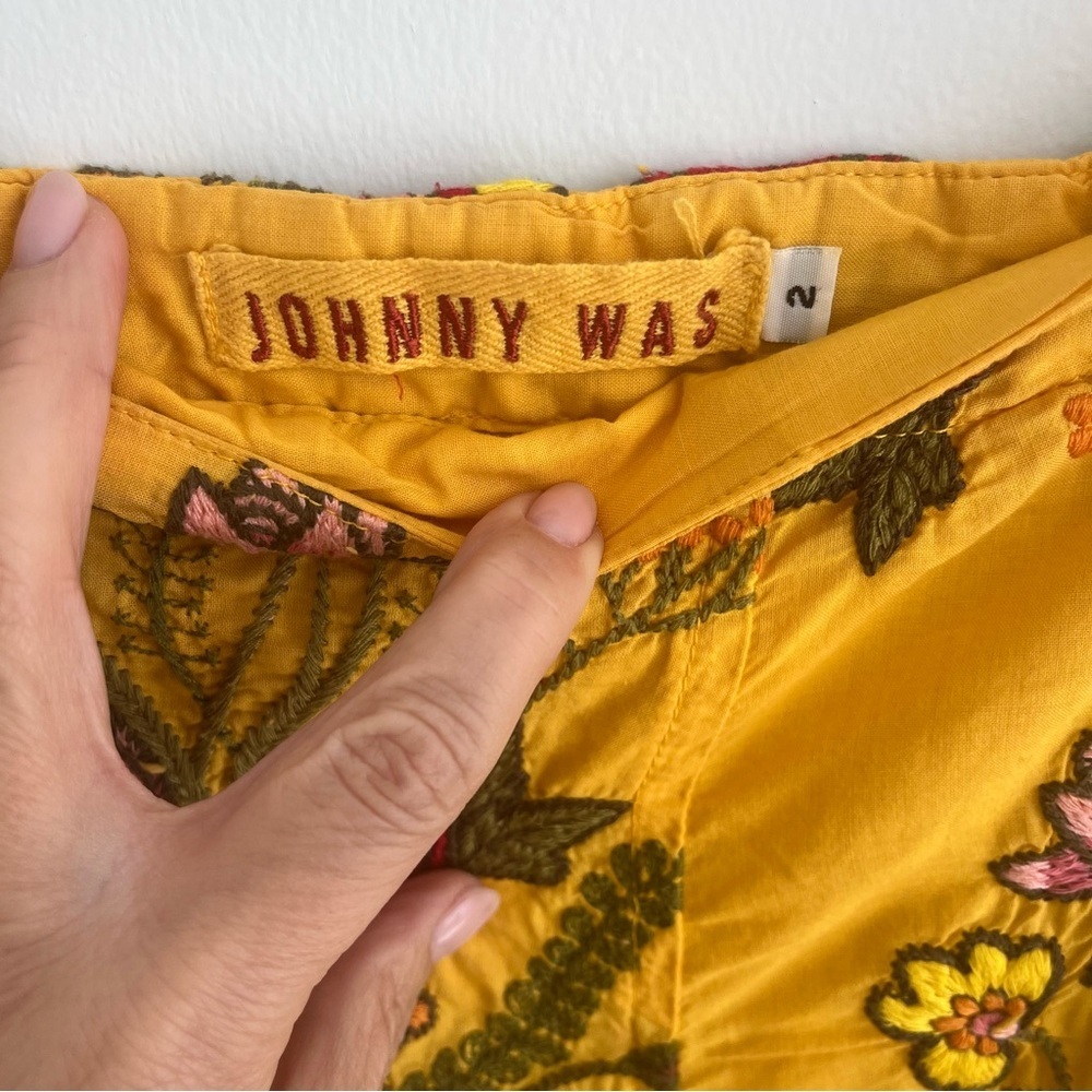 Johnny Was Yellow Embroidered Floral Midi Length Skirt Boho Cotton A-Line Size 2 - Picture 4 of 11